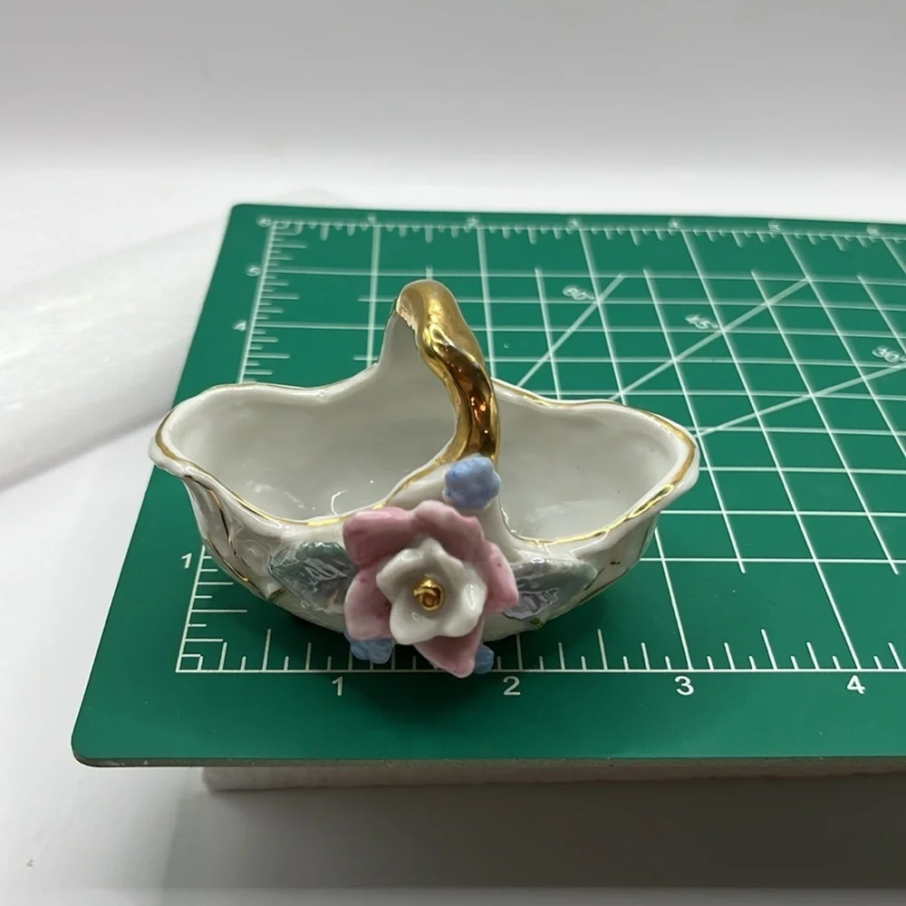 Pink and Blue Floral Porcelain Basket Gold Tone Mini